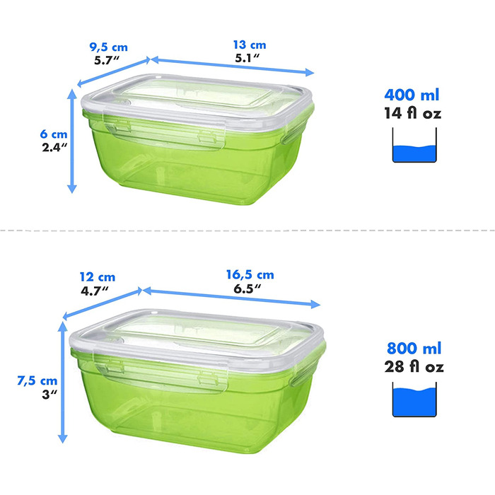 Набір банок для зберігання Грізлі 4 (0,4 л, 0,8 л, 1,4 л, 2,3 л), круглі, пластикові, 100 повітря / вода, Банки для зберігання в мікрохвильовій печі, М'ятні (прямокутні, 0,4 л, 0,8 л, 1,4 л, 2,3 л, зелені)