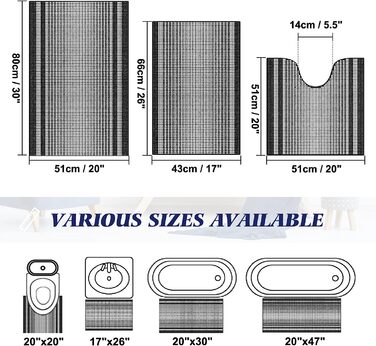 Набір килимків для ванної McEu з 3 предметів, нековзні миються Килимки для ванної 120x51 см 66x44 см і U-подібний контурний килимок для унітазу 551 см, всмоктуючий килимок з мікрофібри синель для ванної кімнати, (851 см 66x44 см 551 см, чорний)