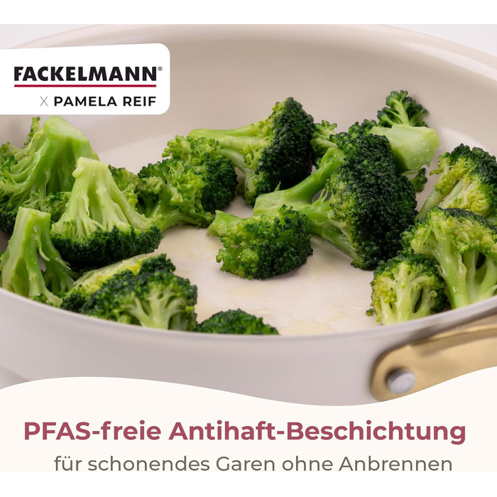 Набір сковорідок Fackelmann x Pamela Reif 3 шт. (20, 24, 28 см) – з переробленого алюмінію, бежевий, керамічне покриття без PFAS, стійке до 160°C, для всіх типів плит