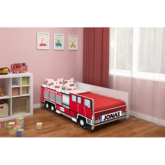 Дитяче ліжко ACMA Автомобільне ліжко пожежна команда із захистом від падіння, рейковим каркасом і матрацом (160x80 ім'я)