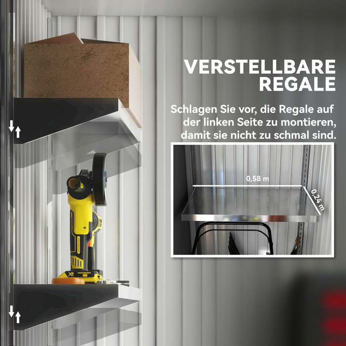 Гараж для саду, садова комора для інструментів з хвильового металу, з панелями стін, регульовані полиці, замикаюче двері, сірий