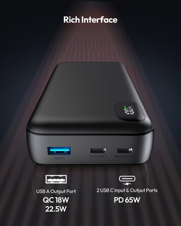 Вт 20000 мАг, PD3.0 QC4.0, 3 виходи, USB-C, швидка зарядка, для ноутбука та мобільного телефону, 65