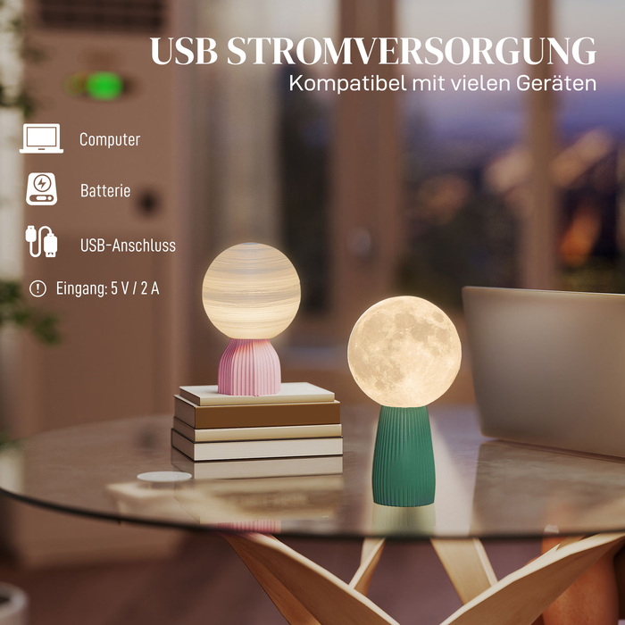 Набір настільних ламп HOMCOM з дизайном планет, 3 кольори, USB, пластик, білий