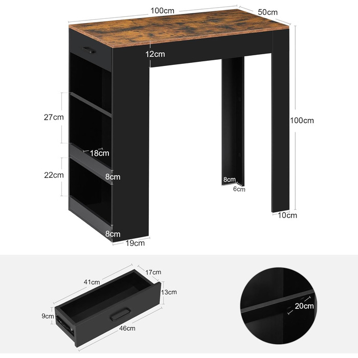 Стіл-бар WOLTU з ящиком та полицями, вінтажний коричневий (100 x 50 x 100 см)