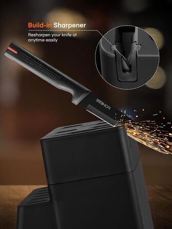 Набір ножів FOHERE 13 предметів з точилкою. Набір кухонних ножів з нержавіючої сталі з підставкою та інтегрованою точилкою (чорний)