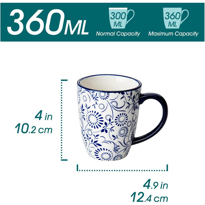 Набір кавових чашок Vancasso Selene, 6 шт., 360 мл, блакитно-білий вінтажний дизайн