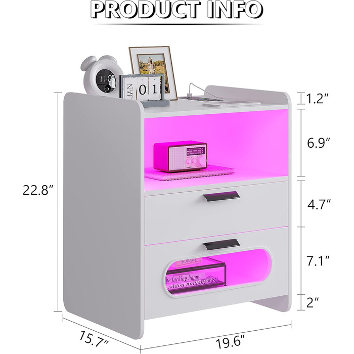 Приліжкова тумбочка Lvifur RGB LED, 2 шухляди, датчик, з можливістю затемнення, бездротова та USB-зарядка, високий глянець (білий)