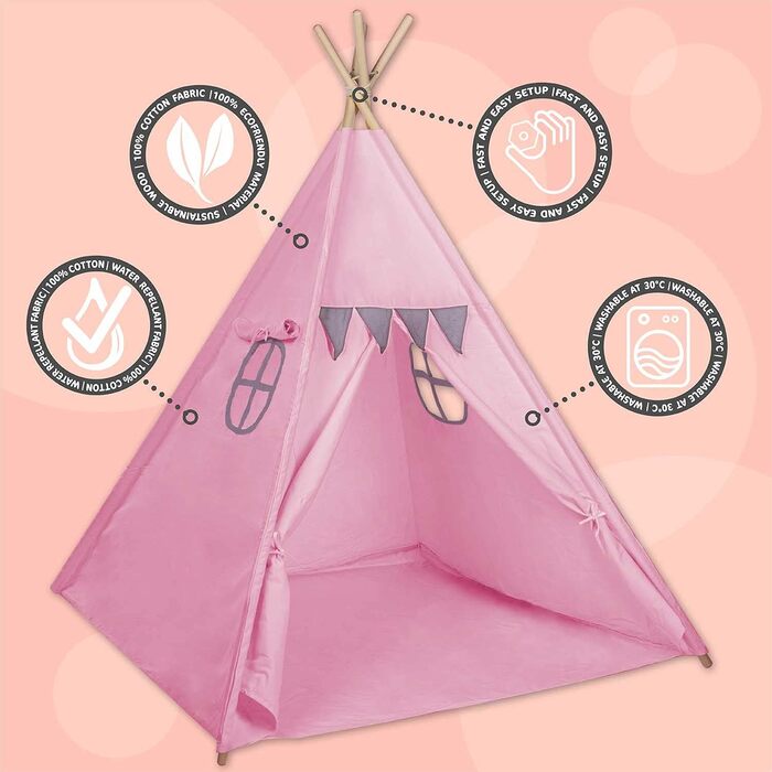 Дитячий намет-типі з натуральних матеріалів для дому та вулиці (рожевий)