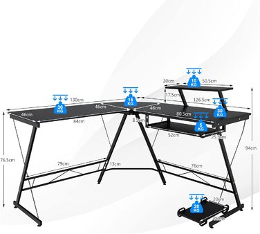 Кутовий стіл COSTWAY, L-подібний ігровий стіл з підставкою для монітора, лотком для клавіатури та підставкою для процесора, офісний стіл Комп'ютерний стіл Настільний ПК Настільний ігровий стіл для ігор Домашній офіс, 130 x 126,5 x 94 см