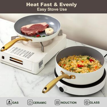 Набір посуду з керамічним покриттям: каструлі та сковорідки з кришками, здоровий, антипригарний (без PFAS, PFOA), для плити, духовки, мийки, бежевий/білий з золотом