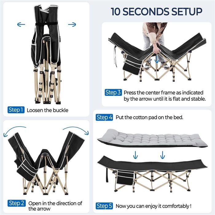 Розкладне кемпінгове ліжко Yaheetech з матрацом та сумкою для перенесення, 191 x 67 см, сіро-чорне, витримує до 150 кг