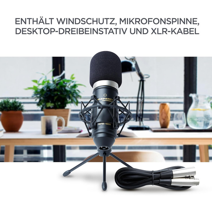 Конденсаторний мікрофон Marantz Professional MPM1000 з поп-фільтром, амортизатором, штативом та XLR кабелем для дому та студії