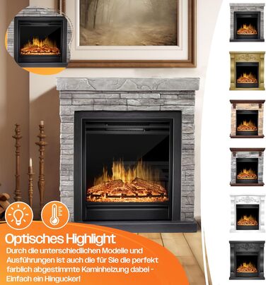 Електрокамін KESSER 1800Вт з 3D LED-ефектом полум'я, обігрівом, термостатом, таймером, дистанційним керуванням, диммером, дизайн під камінь, натуральний/коричневий/сірий