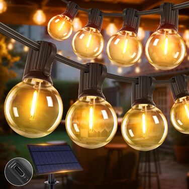 Світлодіодна гірлянда сонячна на 10 метрів, 16+1 лампочки G40, димування, 3 режими, пульт дистанційного керування, вологостійка, тепле біле світло, для саду, балкона, декору вечірок