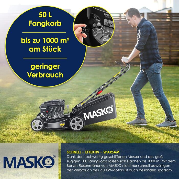Бензиновий газонокосарка MASKO® 5in1 | Ширина косіння 51 см | 8 положень висоти | 4-тактний OHV двигун 6.0 PS | Об'єм кошика 65 л | В комплекті набір для мульчування та бічний викид (ширина 42 см, чорний/сірий)