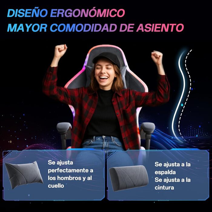 Ігровий крісло JUMMICO з тканини та LED підсвічуванням, ергономічний офісний крісло з масажем попереку та підніжкою, регулювання 90°-135°, максимальне навантаження 150 кг, колір сірий, компактний