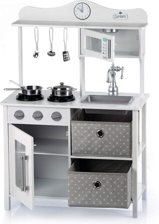 Дерев'яна дитяча кухня Kinderplay з LED та звуками приготування їжі, регульована висота 92–107 см, ігровий набір для дітей від 3 років, повний комплект з аксесуарами, світло-сірий колір (Vintage - White)