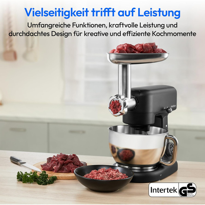 Кухонна машина MEDION MD12600: м'ясоподрібнювач, 4.6л чаша з нержавіючої сталі, тихий DC-двигун, 800 Вт, набір дисків для тертя, шинкування та нарізання, сенсорний дисплей, міксер, тістоміс