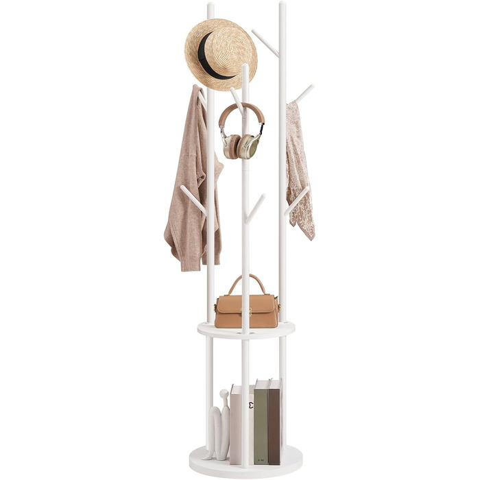 HOOBRO Стійка для одягу, підлого стояння, у вигляді дерева з 8 гачками та 2 круглими полицями, для одягу, капелюхів, сумок, вітальні, спальні, офісу, темно-коричневий/чорний