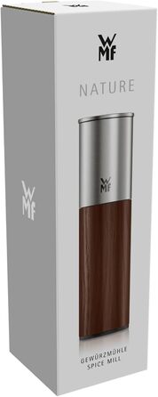 Мельниця для спецій WMF Nature Pro – соляна та перечна мельниця з керамічним механізмом, регульованим ступенем помелу, легко заповнюється, кришкою для захисту аромату, довговічний нержавіючий сталь та дерево, ручна (темно-коричнева)