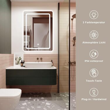Дзеркало для ванної кімнати MYGIIVOVO з підсвічуванням LED, сенсорне керування, 3 кольори, 60x45 см
