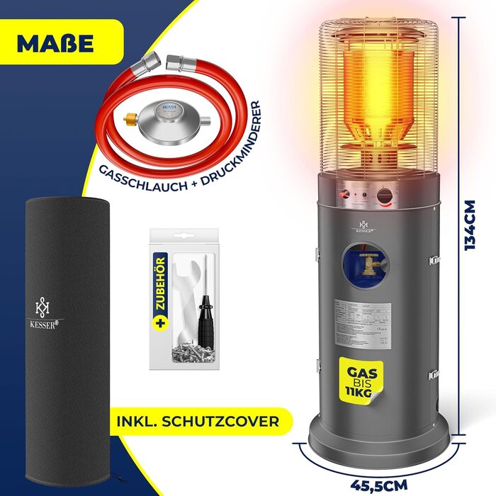 Газовий обігрівач KESSER® KE12 - Тепло для тераси. Потужність 10 кВт, з захисним чохлом, антрацит (Газовий балон не входить у комплект)