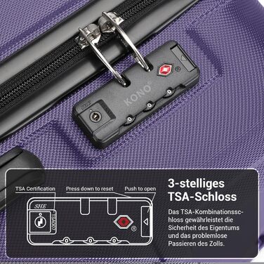 Набір валіз KONO 3 в 1: велика, середня, маленька. Тверді валізи з ABS, ручні, з TSA замком (фіолетовий)