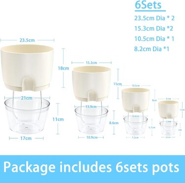 Набір горщиків для квітів з самополивом, 6 шт., білий, 22.3-10.5 см - для кімнатних рослин, квітів та трав'яних рослин