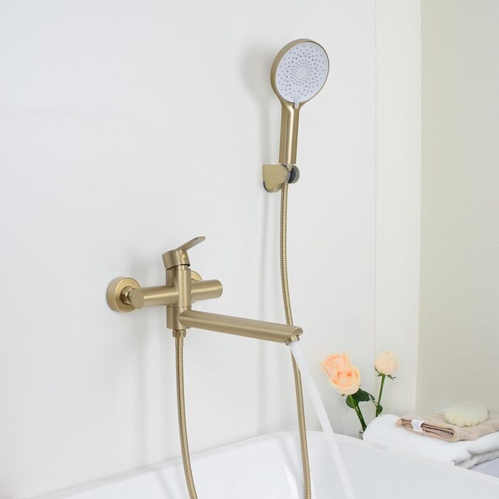 Набір змішувач для ванни PHASAT з витяжною лійкою, чорний, настінний монтаж, PTBB13E (довга лійка, матовий золотий)