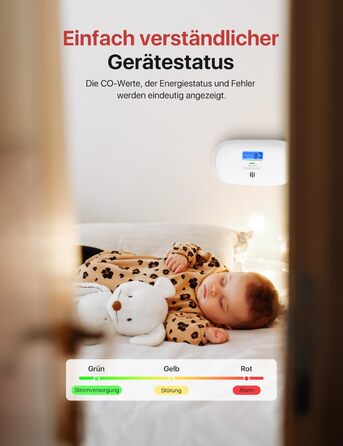 Детектор чадного газу X-Sense, сертифікований TÜV Rheinland, датчик на 10 років, з змінною батареєю та цифровим дисплеєм, кнопка тестування, автономний, білий