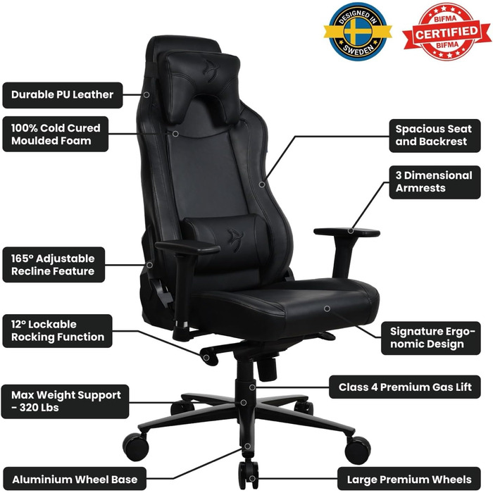 Ігровий та офісний крісло Arozzi Torretta Premium SoftFabric™ з регульованими підлокітниками, високою спинкою та подушками - Чорний