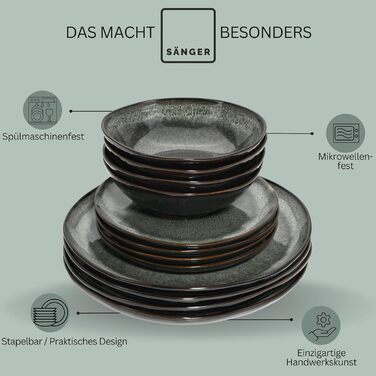 Набір посуду SÄNGER Teller Set Kopenhagen 24 шт. з кераміки для 8 осіб, сервіз включає тарілки для їжі, сніданку та супу, набір тарілок для обіду, стійкий до миття в посудомийній машині, зелений, сірий | PREMIUM COLLECTION 24 шт.