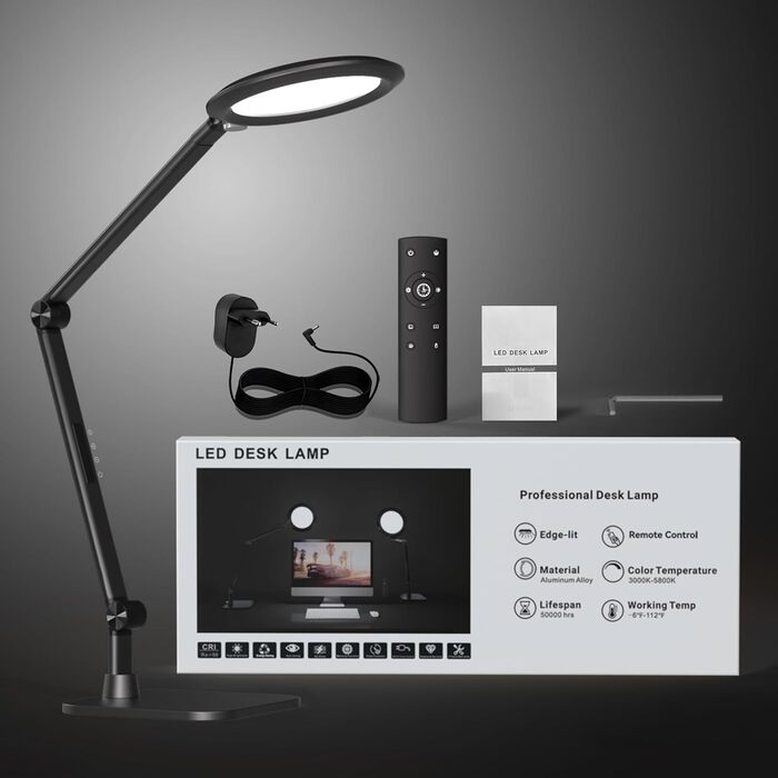 LED лампа VERSKI для дому та офісу з пультом, для відеоконференцій Zoom, з регулюванням яскравості та кольорової температури, 18W, чорна