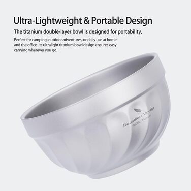 iBasingo Титанові миски з подвійними стінками 500мл та 800мл для каші, їжі, рису, супу. Легкі, портативні, металеві миски для кемпінгу та відпочинку на природі. (500ML Ti1168T)