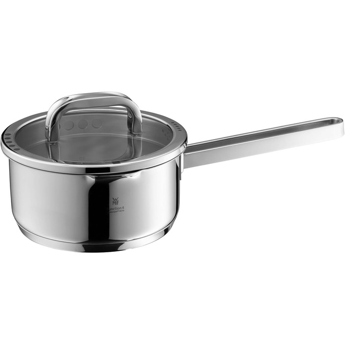 Каструля WMF Function 4 з нержавіючої сталі 16 см з кришкою, 1,4 л, для індукції, Cromargan, 4 функції зливу, мірна шкала, срібна