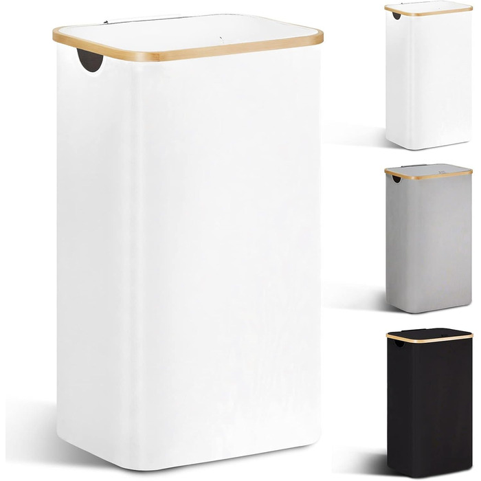 Кошик для білизни Youdenova з кришкою 85л, бамбук та дерево, сортувальник для білизни, великий, складний, білий