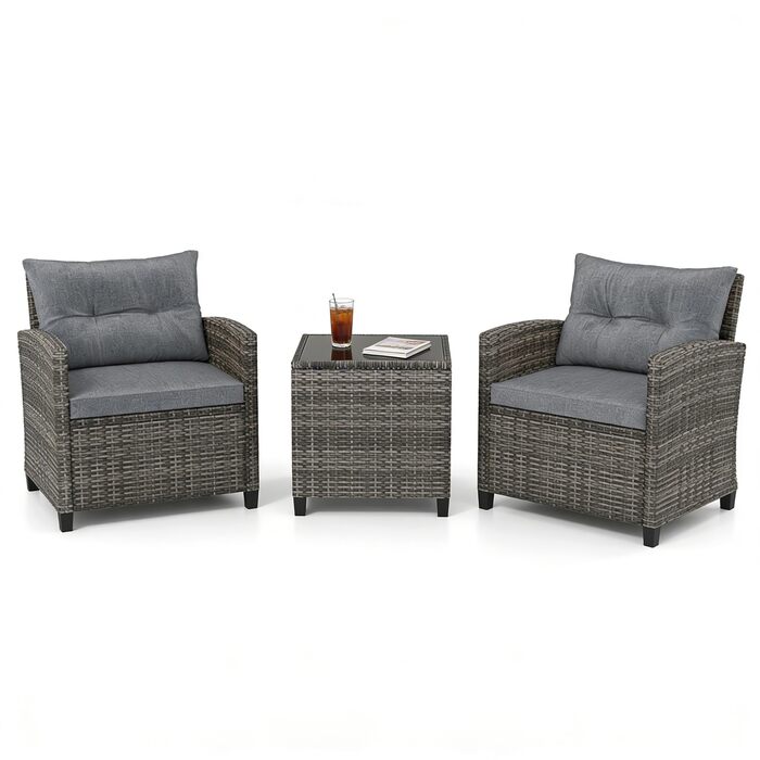Набір садових меблів LIFEZEAL 3 предмети: 2 крісла та стіл з ротангу PE, скляний столик, подушки для тераси, балкона, саду (Сірий)