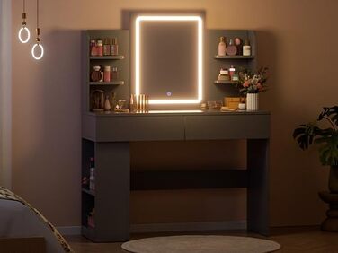 Великий туалетний столик Airfish з підсвічуванням 108x40 см, з дзеркалом та полицями, 2 шухляди, регульована яскравість, 3 кольори, для спальні/вітальні (білий туалетний столик) (чорний туалетний столик)