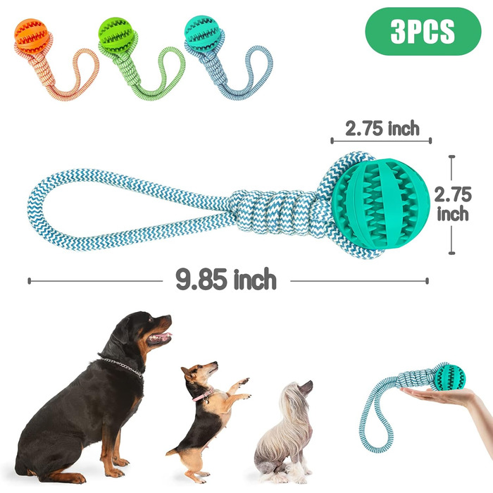 М'яч для собак Vegena, 3 шт. М'яч для метання з мотузками, 6 см, натуральний каучук, догляд за зубами для собак