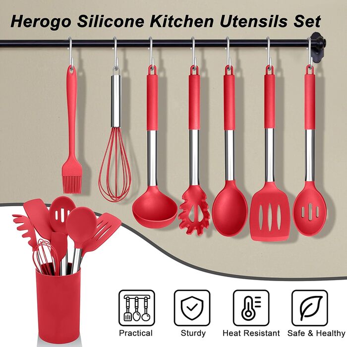 Набір кухонних аксесуарів Herogo, 12 шт. Силіконові кухонні інструменти з нержавіючою сталею, термостійкі, лопатки, ложки, шпателі з підставкою, легко миються (Червоний)