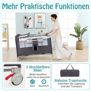 Дитяче ліжко-манежа Dreamade 120 x 60 см з колесами, 4 в 1: ліжко, манежа, пеленальний столик, туристичне ліжко для новонароджених (Сірий)