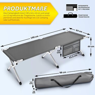 Кемпінгове ліжко Кемпінгове ліжко 190 x 64 x 44 см Металева труба - вантажопідйомність до 150 кг (сірий) 190 x 64 x 44 см Сірий
