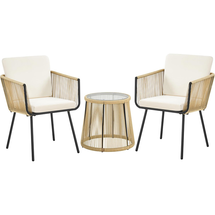 Набір садових меблів Yaheetech з ротангу для балкона: 2 крісла з подушками та стіл зі скляною стільницею, світло-коричневий/кремовий