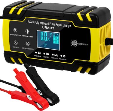 Зарядний пристрій для акумулятора URAQT 8A: 12V/24V, розумна автоматична зарядка для авто, LCD дисплей, режим ремонту, захист, для авто, вантажівок, газонокосарок, човнів