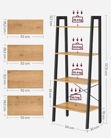 Полиця для сходів VASAGLE, 4 рівня, промисловий дизайн, сталевий каркас, горіх коричнево-чорний, 56 х 137,5 см