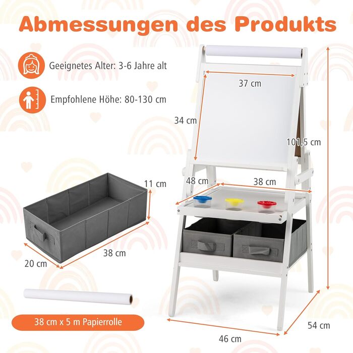 Дитяча мольберт DREAMADE 3 в 1 з магнітною дошкою, крейдою та рулоном паперу, для малювання та творчості, від 3 років (білий)