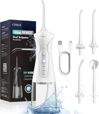 COSLUS Бездротовий електричний іригатор для рота: 4 режими, портативний, 300 мл резервуар, тестер-переможець, легкий у використанні, скребок для язика, догляд за зубами, для подорожей, світло-зелений (білий)