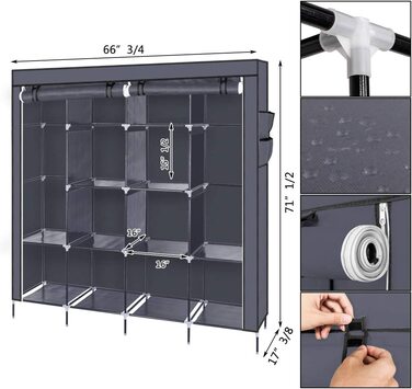 Шафа розкладна з штангою для одягу та полицями TactFire, 170x45x180 см, сіра