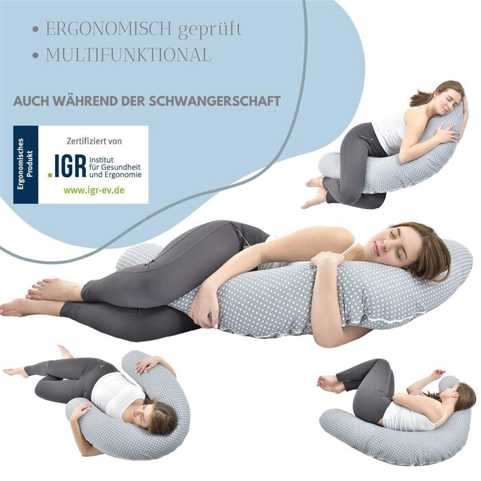 Подушка для вагітних Sei Design XXL з екологічної тканини Öko-Tex | Ергономічна подушка для сну та годування | Тиха екологічна наповнювач. Чохол 100% бавовна (персоналізований бежевий у смужку, подушка для годування 190x30)