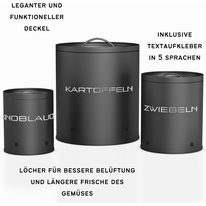 Коробки для зберігання картоплі, цибулі та часнику (набір 3 шт.) - Коробки для овочів з вентиляційними отворами, матовий чорний